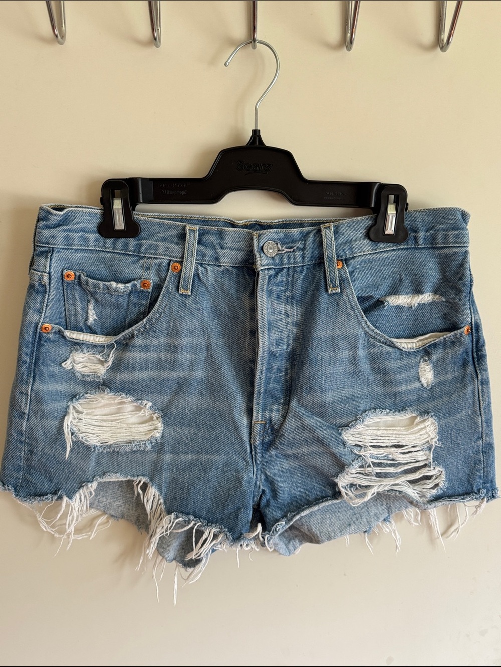 Levis Strauss 501 Distressed Light Blue Denim Cutoff Shorts